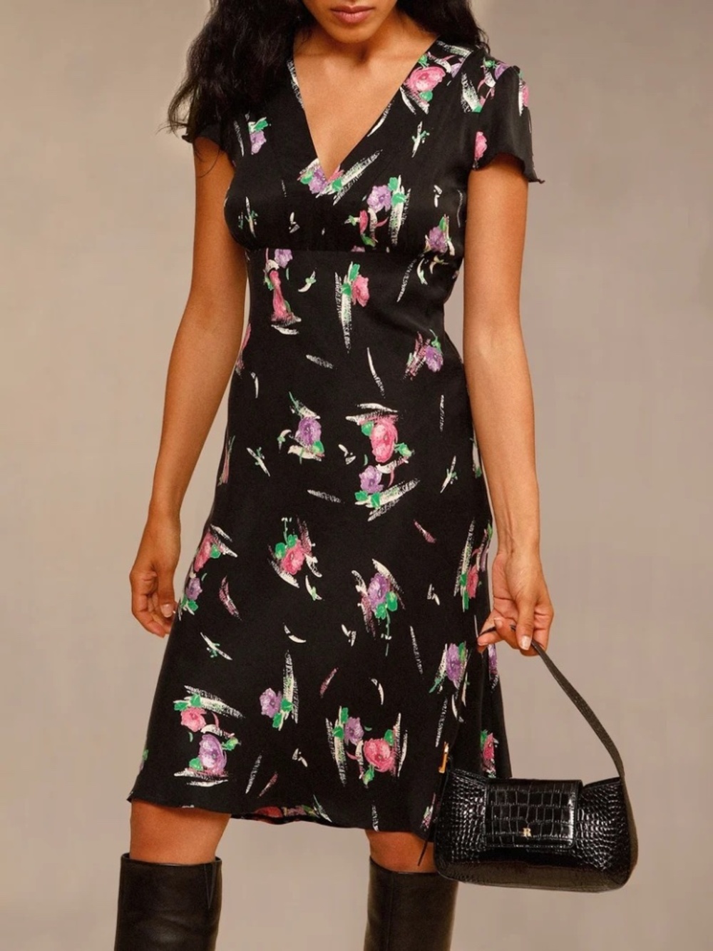 Rouje Paris Ninette Black Floral Bouquet V-Neck Midi Dress Sz 40 / 8 US